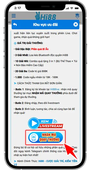 - Bước 2: Tìm đến KM "LIVE_Hi88", chọn mục "XEM LIVESTREAM"